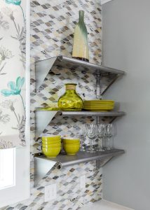 open kitchen metal shelves with tile backsplash window treatment