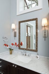 Organic master bath: new construction, blue and white, dark vanity with light counter top, light fixtures