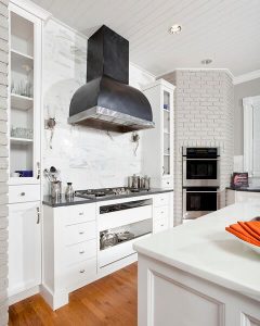 classic kitchen remodel, white kitchen, modern touches, cambria quartz, custom hood, cold rolled steel