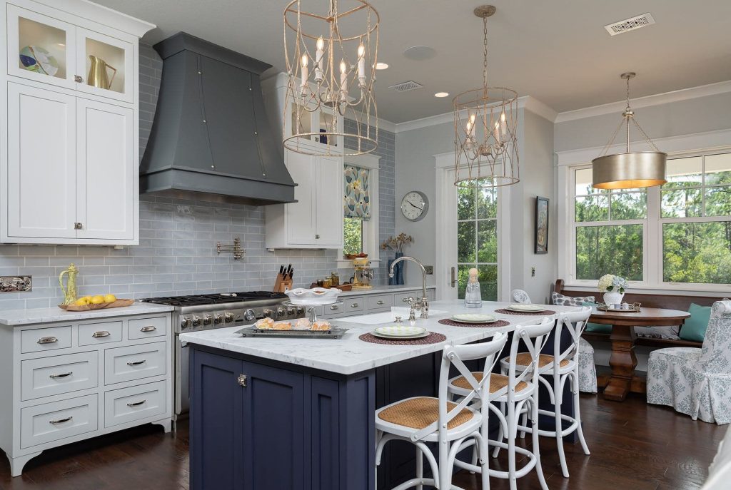 modern farmhouse classic kitchen in pensacola florida - white and blue