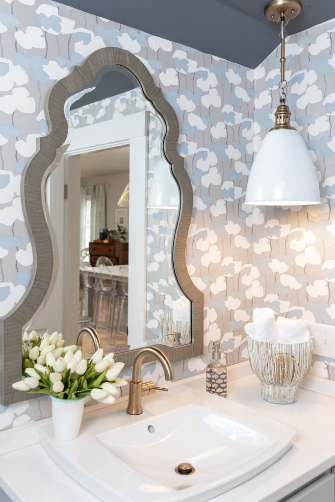 Blue and White wallpaper with silver mirror - vanity - bathroom remodel